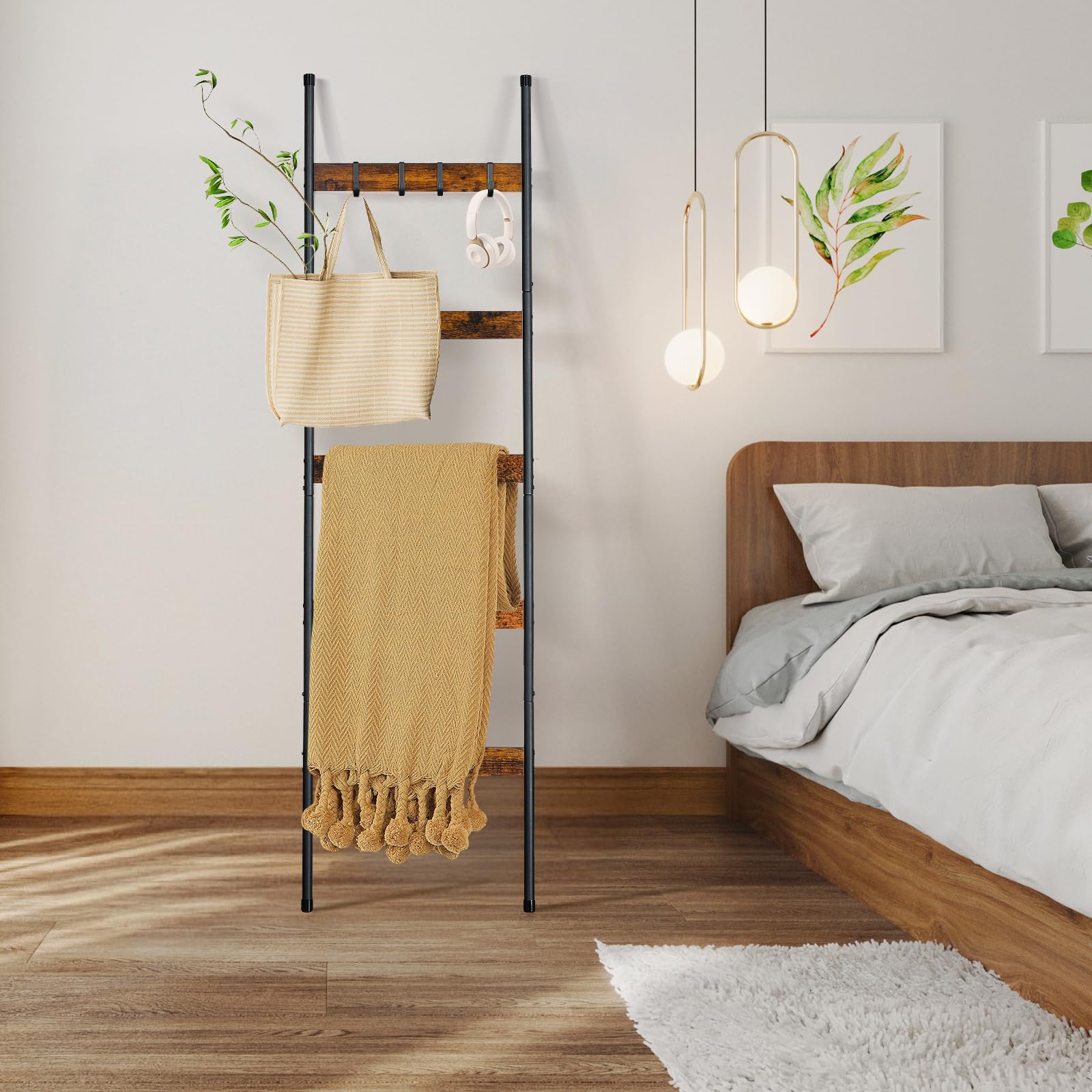 Elyken Blanket Ladder For Living Room, Farmhouse 5 -Tier Quilt Holder With 4 Removable Hooks For Bathroom, Wood Towel Rack Displ